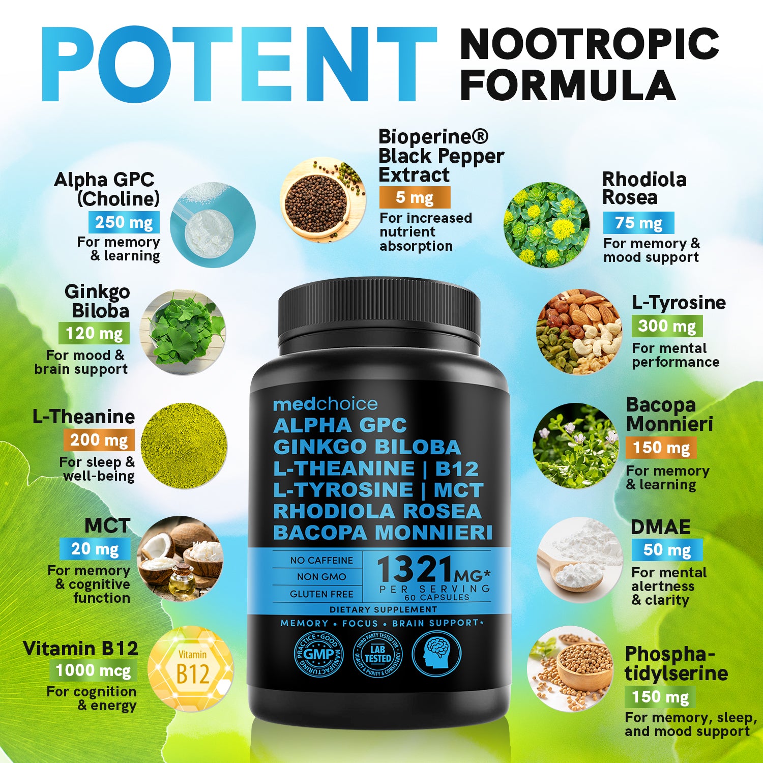 MEDCHOICE Turmeric & Ginger (120ct), Sleep Melatonin (180ct), and Nootropic Brain (120ct) Supplement Bundle - Wellness Trio for Brain, Sleep, & Immune Support - Vegan, Non-GMO, Gluten-Free - MedChoice