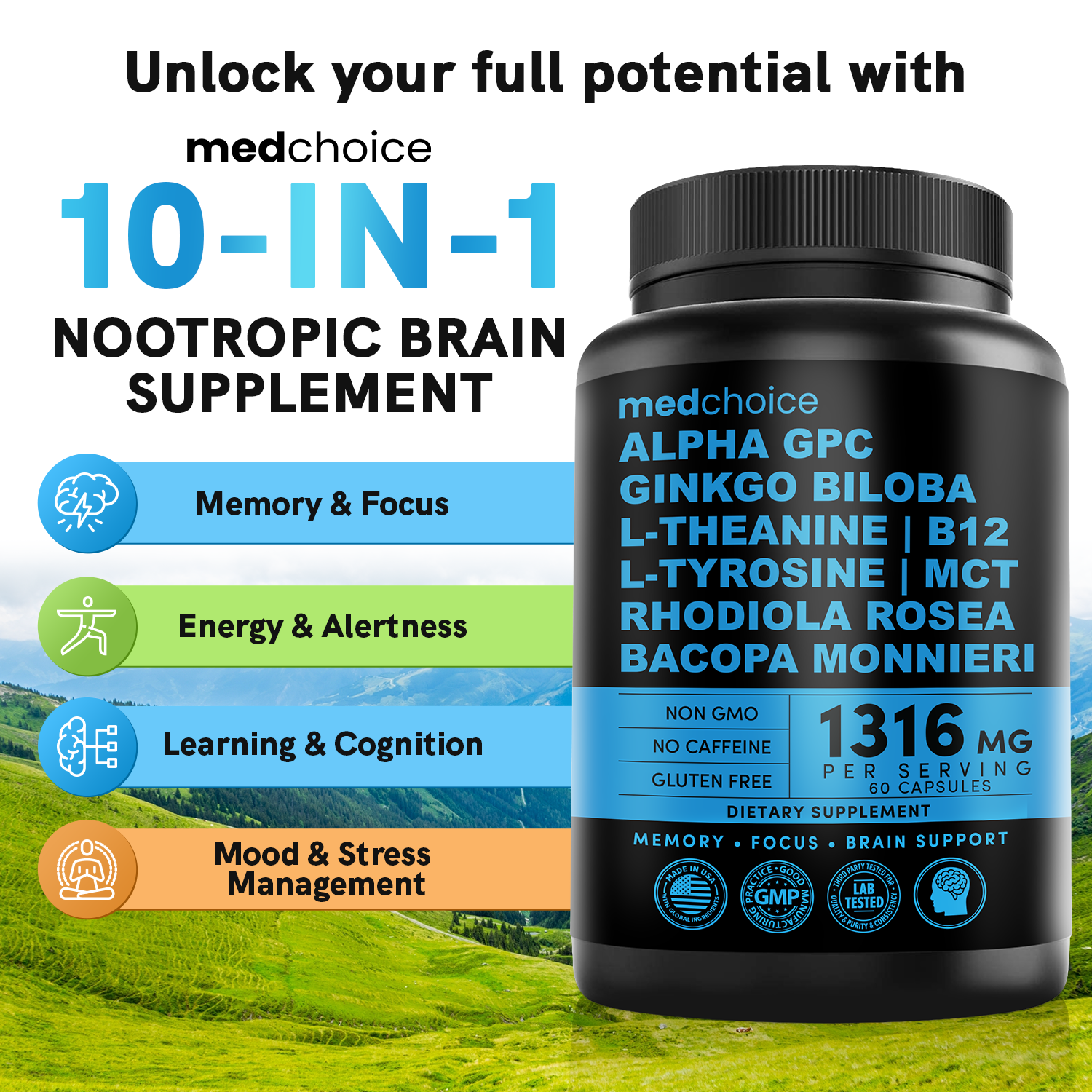 MEDCHOICE Sleep Melatonin (180ct), Turmeric & Ginger (240ct), and Nootropic Brain (120ct) Supplement Bundle - Wellness Trio for Brain, Sleep, & Immune Support - Vegan, Non-GMO, Gluten-Free - MedChoice