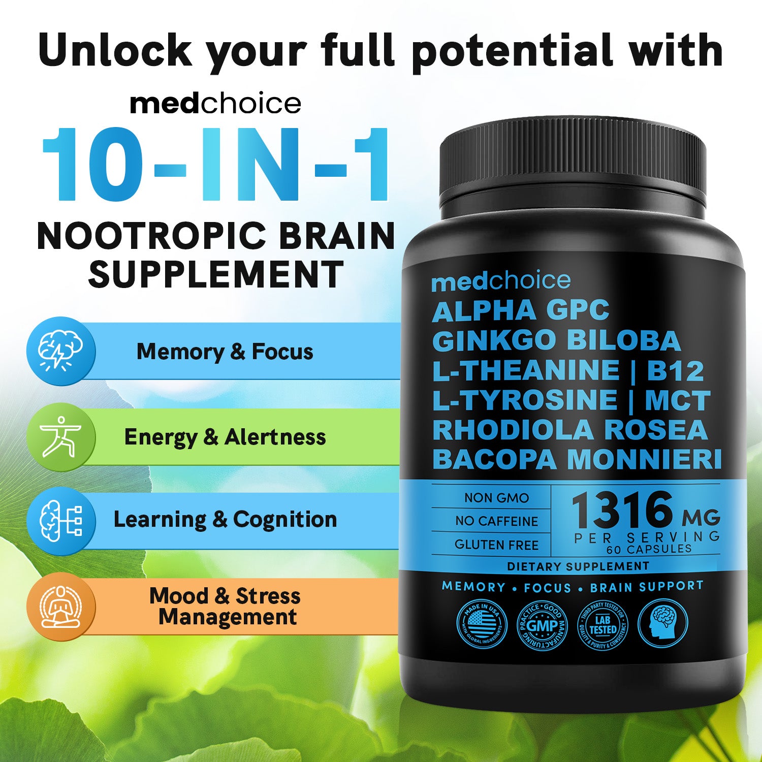 MEDCHOICE Sleep Melatonin (180ct) and Nootropic Brain (60ct) Supplement Bundle - Wellness Duo for Sleep, Brain, Focus, & Mood Support - Vegan, Non-GMO, Gluten-Free - MedChoice