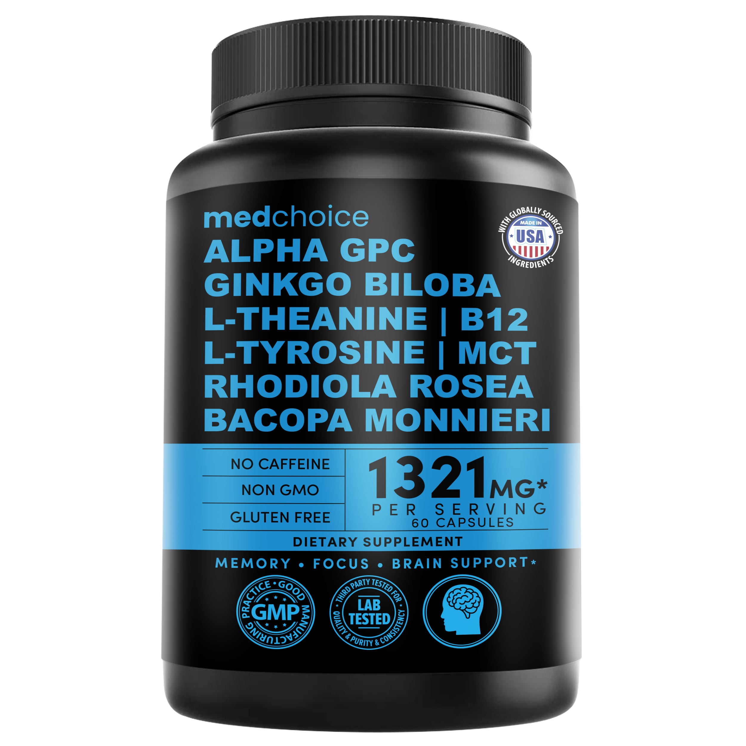 12-in-1 Nootropic Brain Supplement Anhydrous: Ginkgo Biloba for Brain Support, Memory and Focus - B12, Alpha GPC, L Theanine and Choline Supplements with Bioperine Non Caffeinated 1321mg - MedChoice