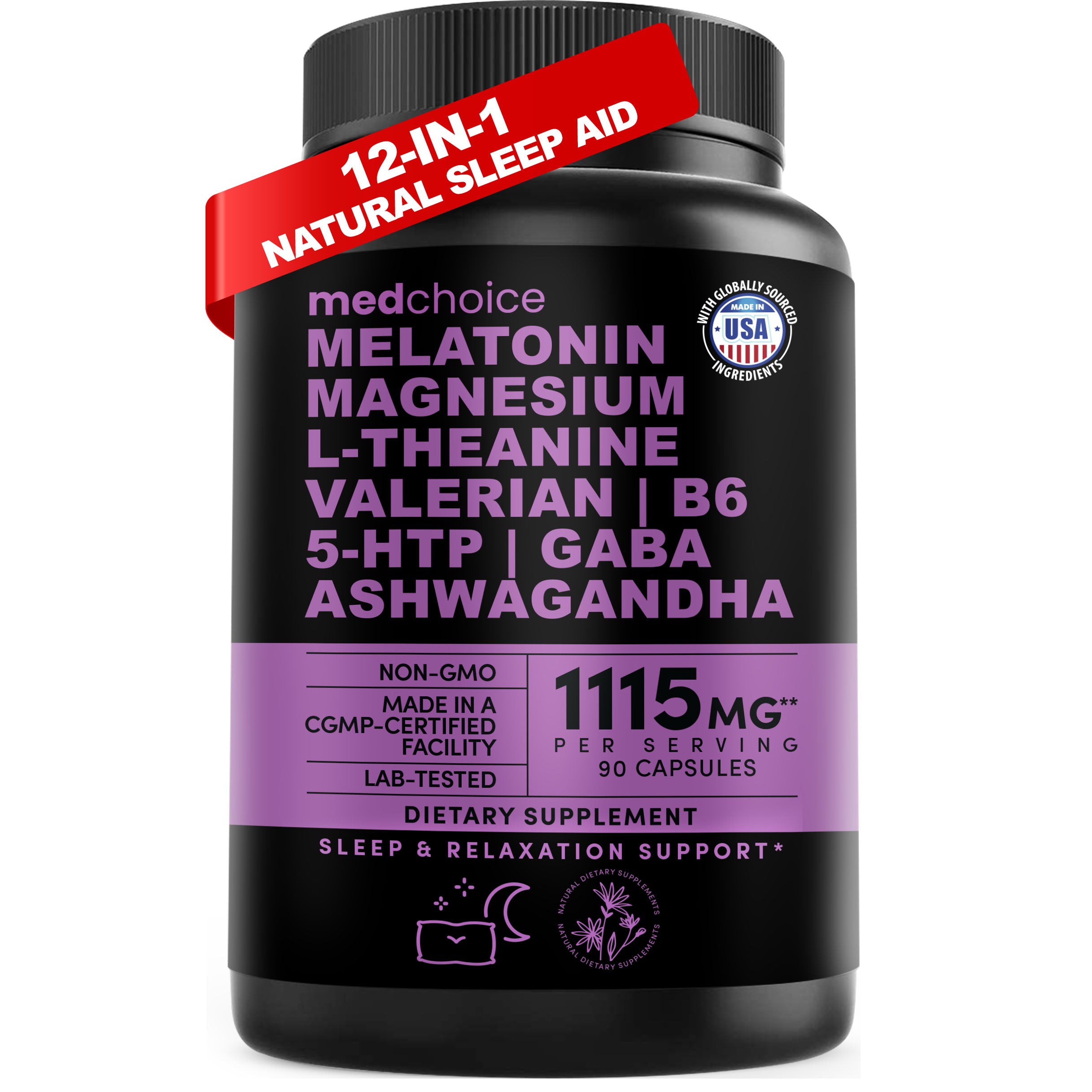 12-in-1 Melatonin Sleep Capsules - Natural Sleep Aids for Adults with Melatonin 5mg and Magnesium Glycinate 500mg, Sleep Aid with Ashwagandha, L Theanine, Valerian Root, GABA, 5-HTP - MedChoice