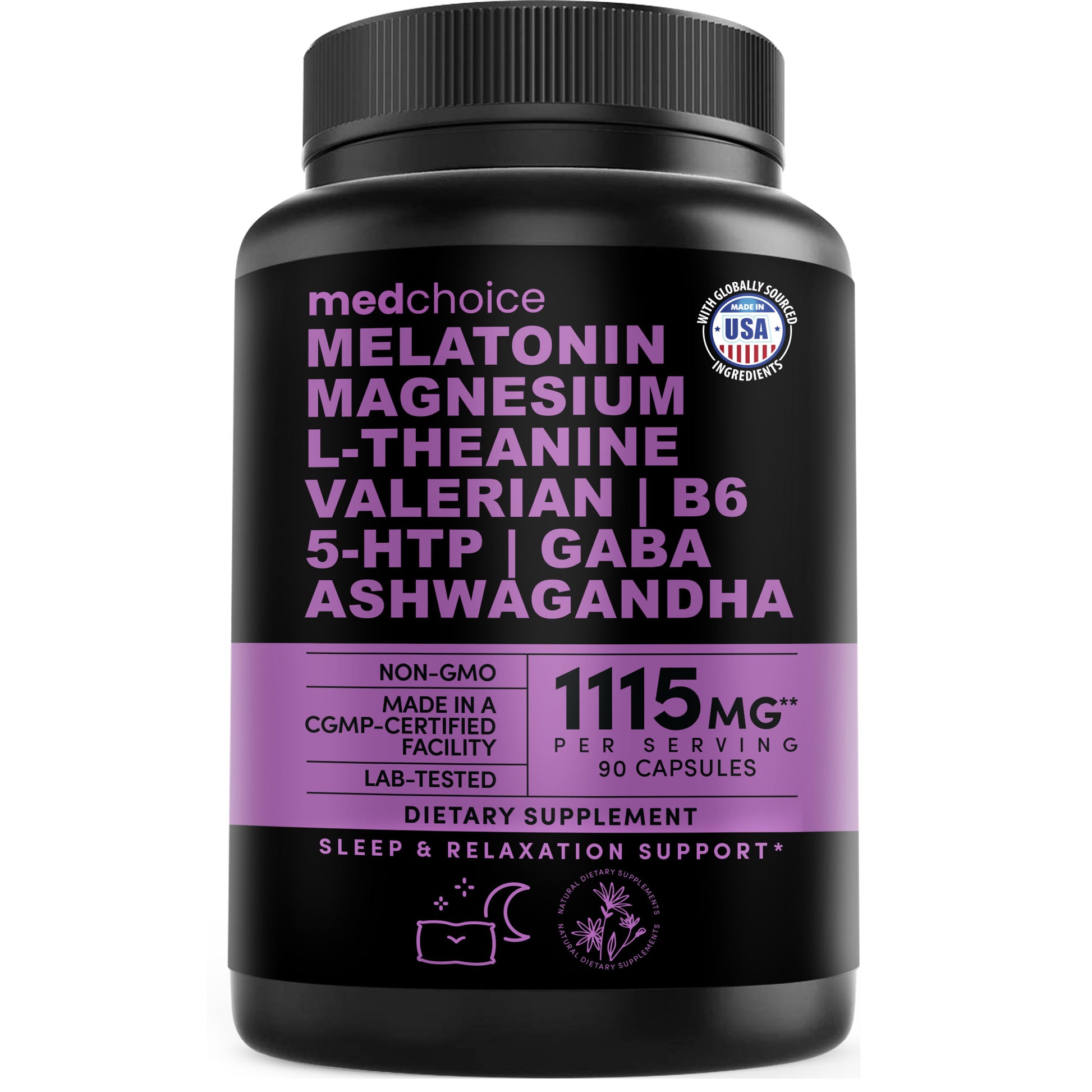 12-in-1 Melatonin Sleep Capsules - Natural Sleep Aids for Adults with Melatonin 5mg and Magnesium Glycinate 500mg, Sleep Aid with Ashwagandha, L Theanine, Valerian Root, GABA, 5-HTP - MedChoice
