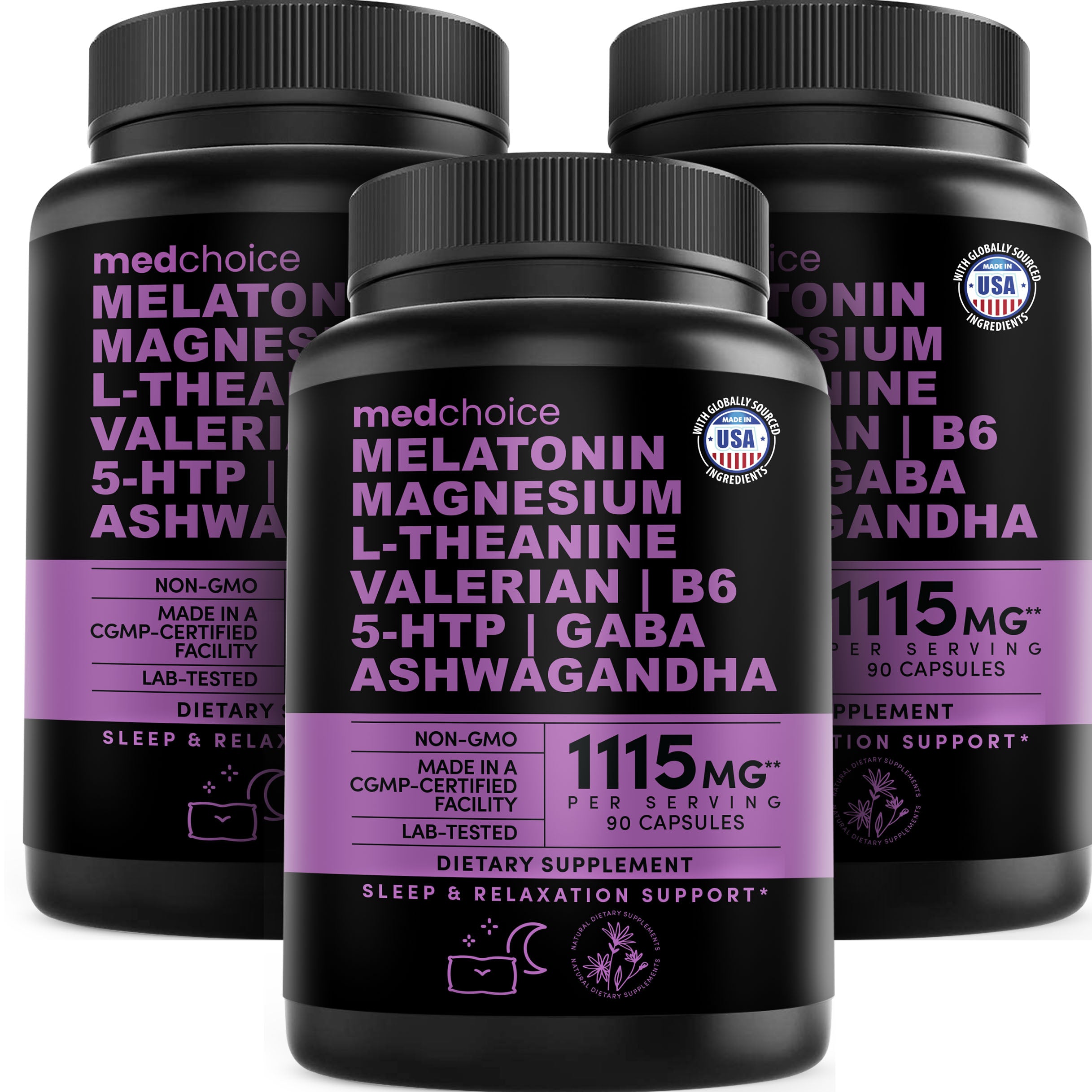 12-in-1 Melatonin Sleep Capsules - Natural Sleep Aids for Adults with Melatonin 5mg and Magnesium Glycinate 500mg, Sleep Aid with Ashwagandha, L Theanine, Valerian Root, GABA, 5-HTP - MedChoice