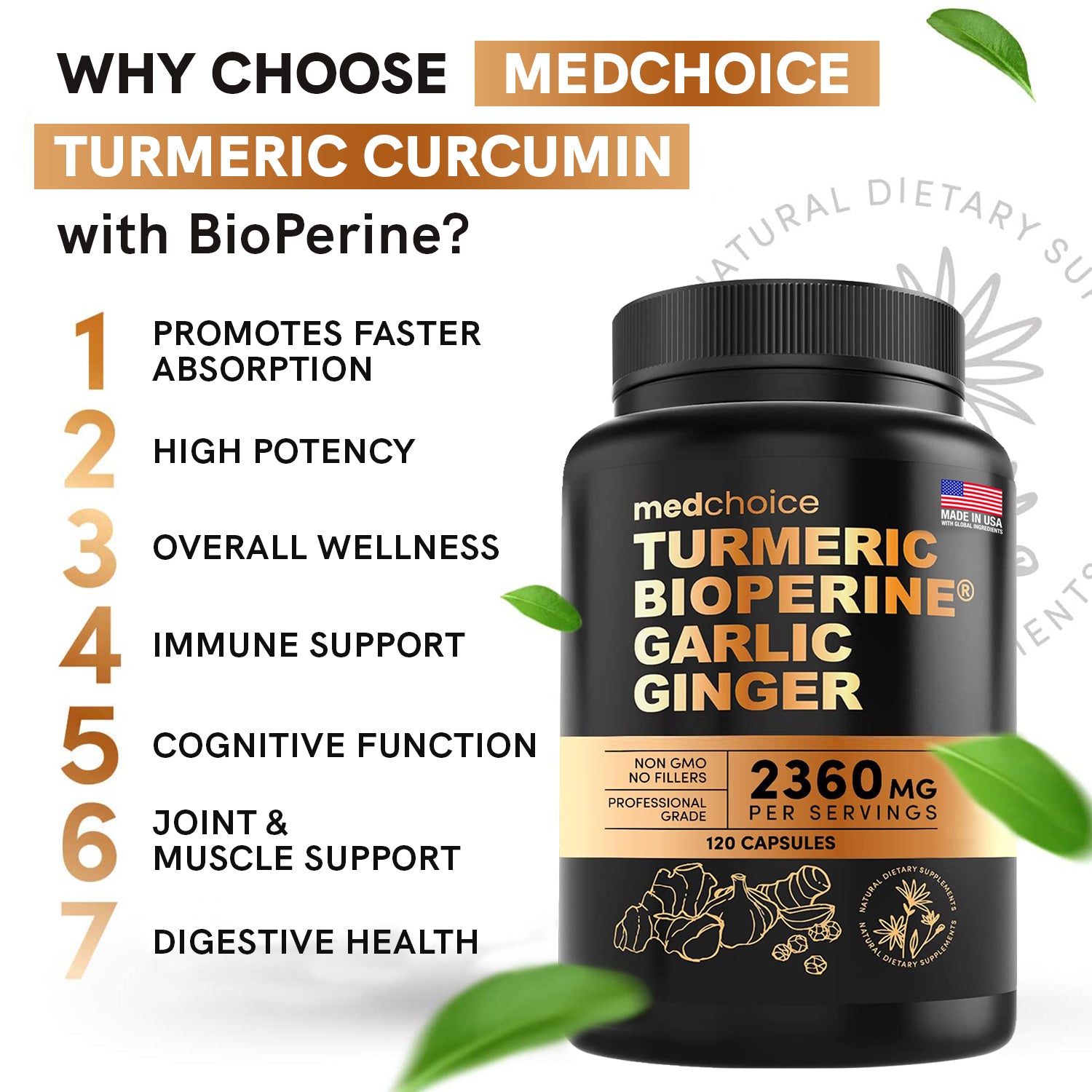 MEDCHOICE Sleep Melatonin (90ct), Turmeric & Ginger (240ct), and Nootropic Brain (120ct) Supplement Bundle - Wellness Trio for Brain, Sleep, & Immune Support - Vegan, Non-GMO, Gluten-Free - MedChoice