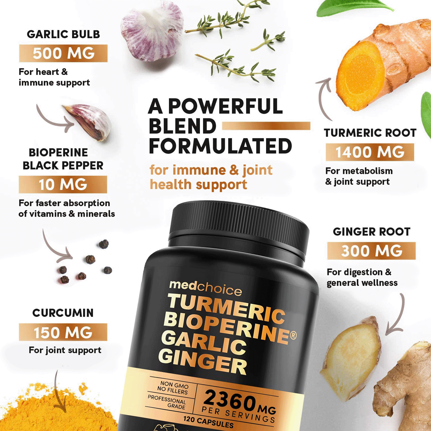 MEDCHOICE Turmeric & Ginger (120ct), Sleep Melatonin (180ct), and Nootropic Brain (120ct) Supplement Bundle - Wellness Trio for Brain, Sleep, & Immune Support - Vegan, Non-GMO, Gluten-Free - MedChoice