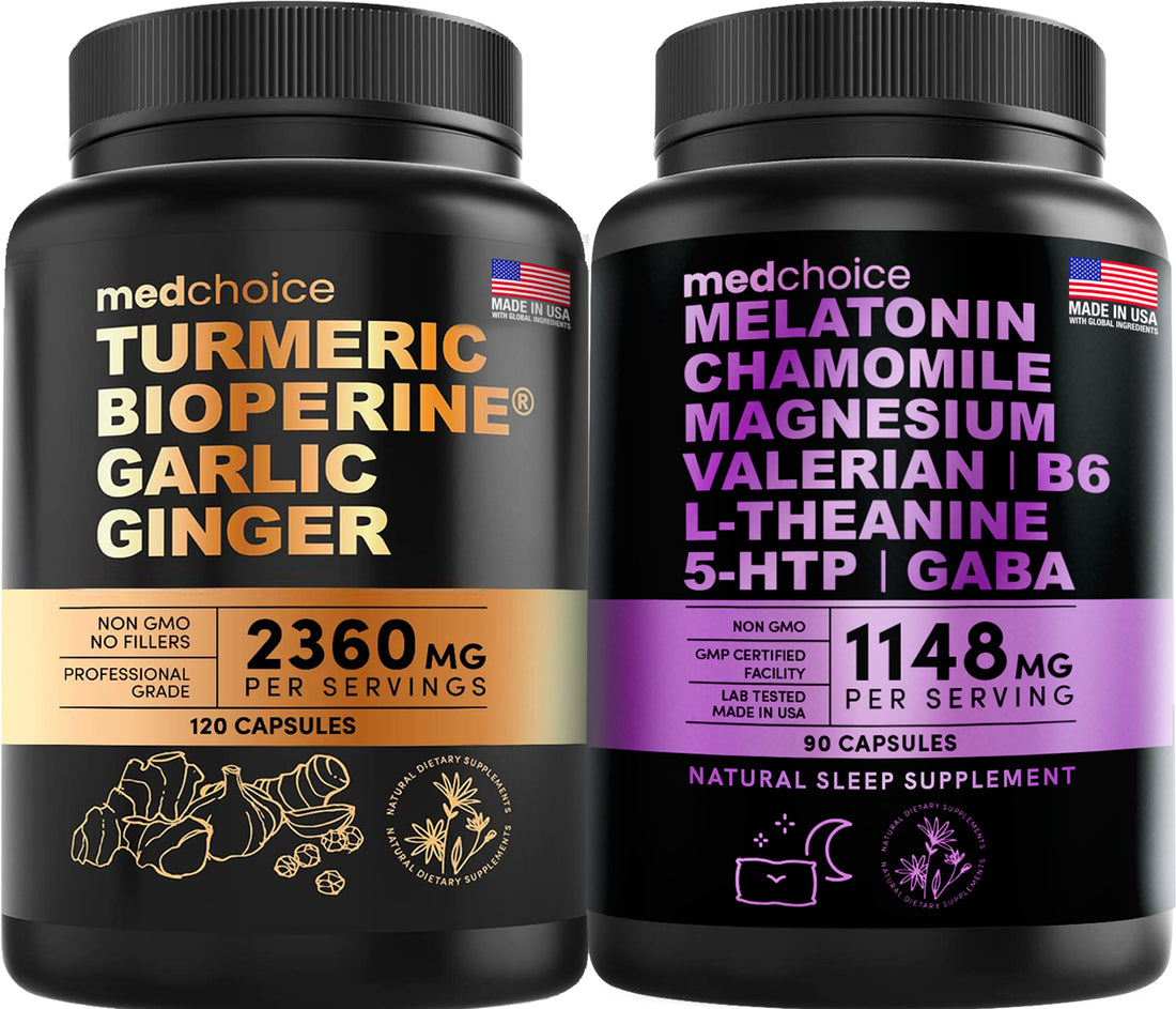 10-in-1 Sleep Melatonin 6mg Capsules (90ct) - Melatonin for Adults with L-Theanine, 5HTP, GABA, Magnesium - 4-in-1 Turmeric Curcumin with Bioperine 2360mg (120ct) - 95% Curcuminoids with Black Pepper - MedChoice