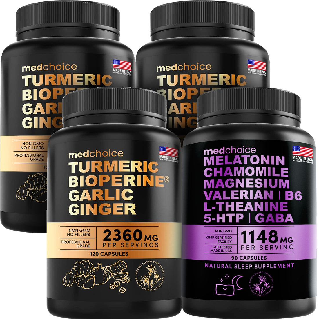4-in-1 Turmeric Curcumin w Bioperine 2360mg (120 ct) Pack of 3 and 10-in-1 Melatonin 6mg Sleep Support (90 ct) Pack of 1, Sleep Supplements for Adults & Curcumin Supplements for Joint and Digestion - MedChoice