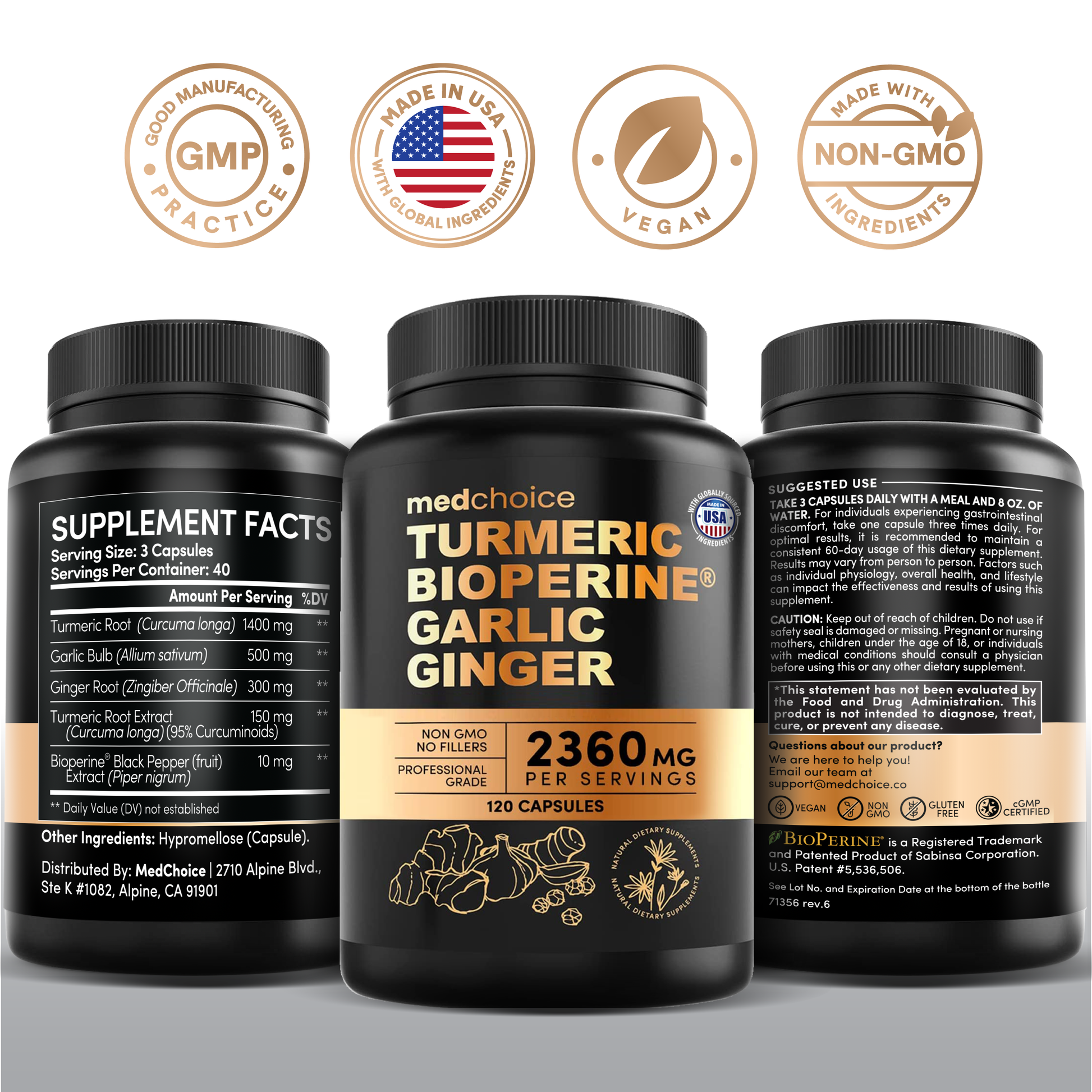 4-in-1 Turmeric and Garlic Supplements with BioPerine – 2360mg Turmeric Ginger Root Capsules with Garlic – High Potency Herbal Blend - MedChoice