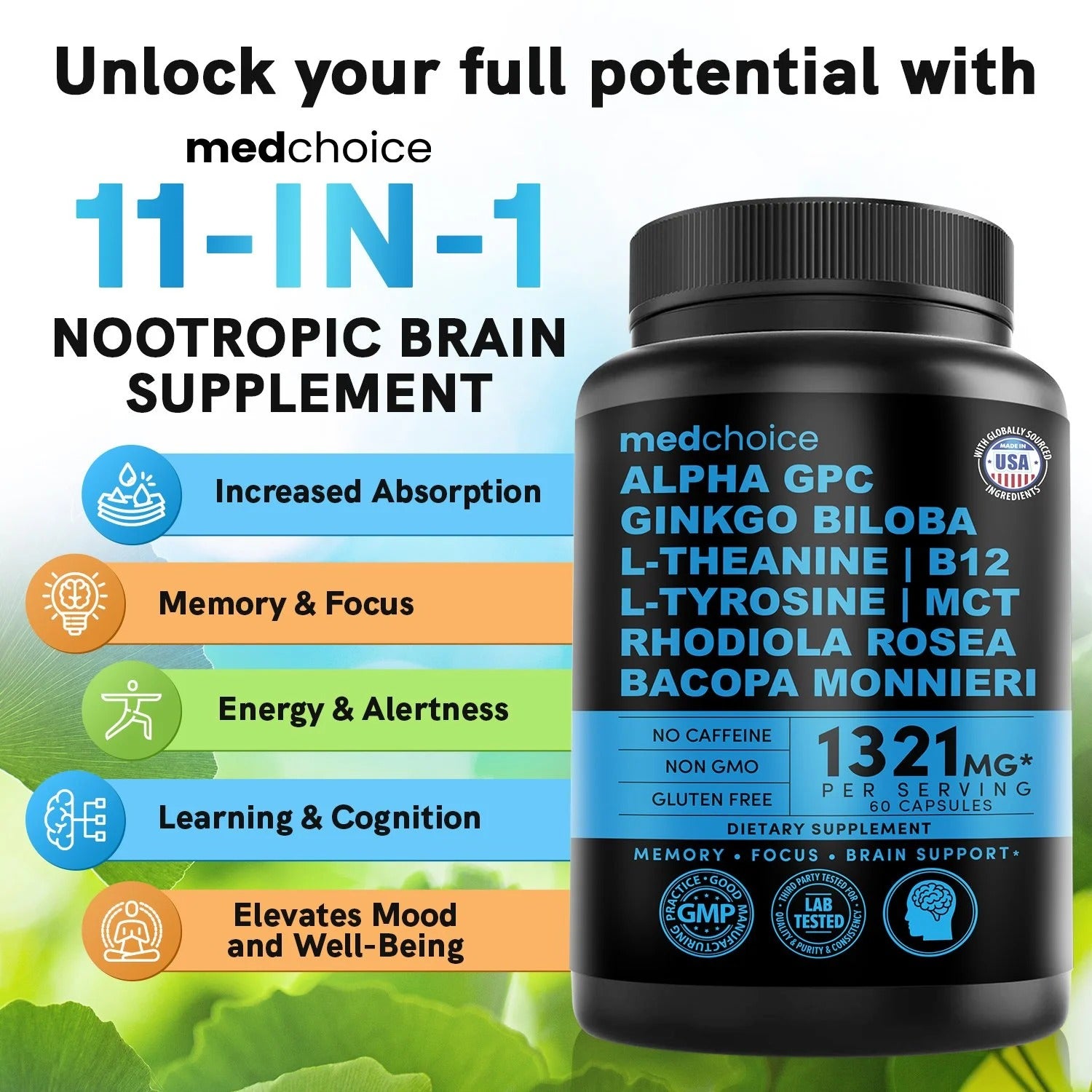12-in-1 Nootropic Brain Supplement Anhydrous: Ginkgo Biloba for