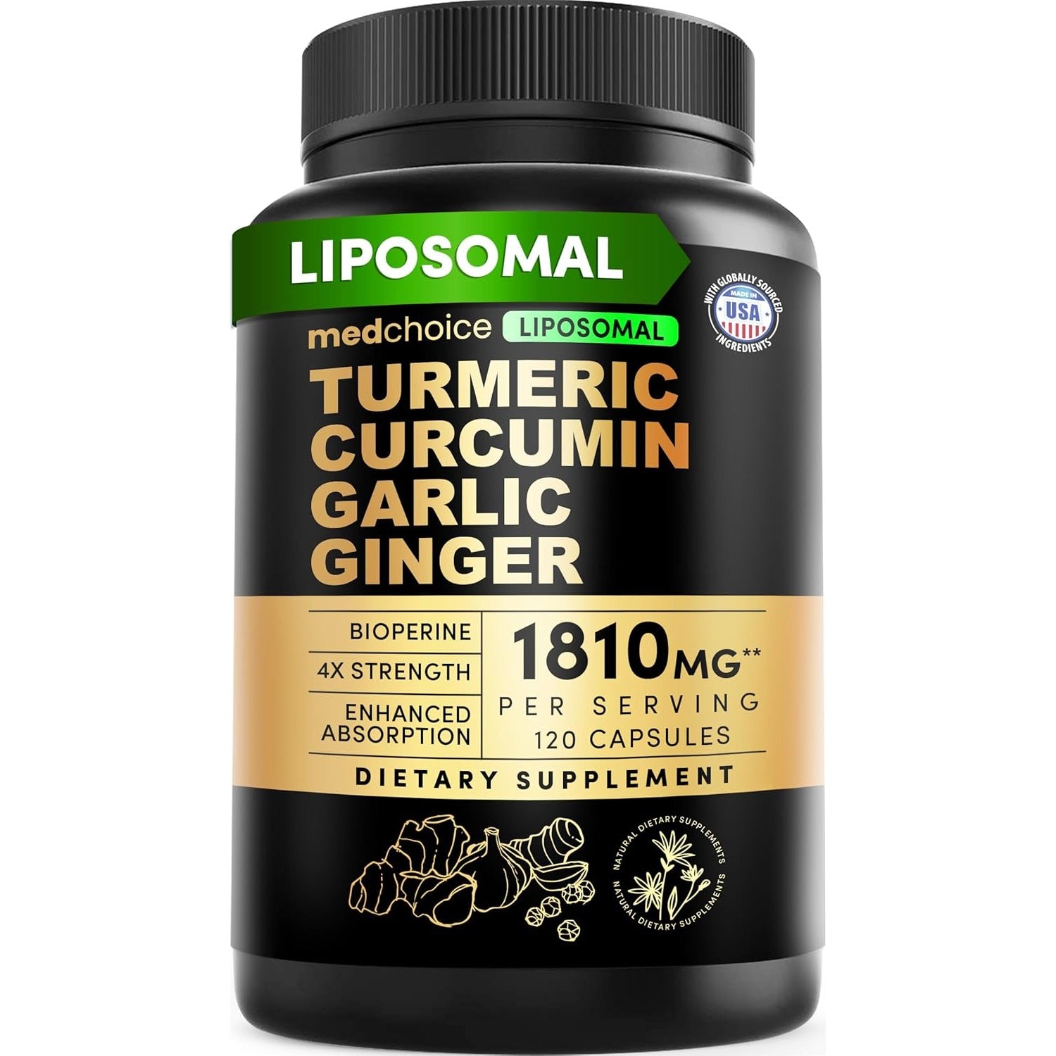 Liposomal Turmeric - High-Absorption Curcumin Supplements, Non-GMO Blend for Digestive Comfort & Daily Support - Organic Turmeric Supplement with Black Pepper - MedChoice