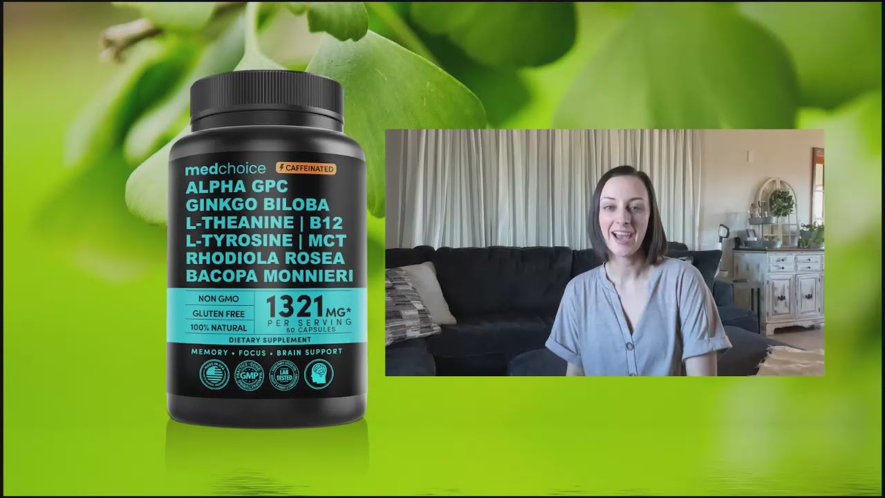 12-in-1 Nootropic Brain Supplement with Caffeine Anhydrous: Ginkgo Biloba for Brain Support, Memory and Focus - B12, Alpha GPC, L Theanine and Choline Supplements with Bioperine with 1321mg