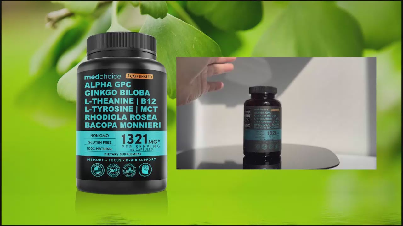 12-in-1 Nootropic Brain Supplement with Caffeine Anhydrous: Ginkgo Biloba for Brain Support, Memory and Focus - B12, Alpha GPC, L Theanine and Choline Supplements with Bioperine with 1321mg