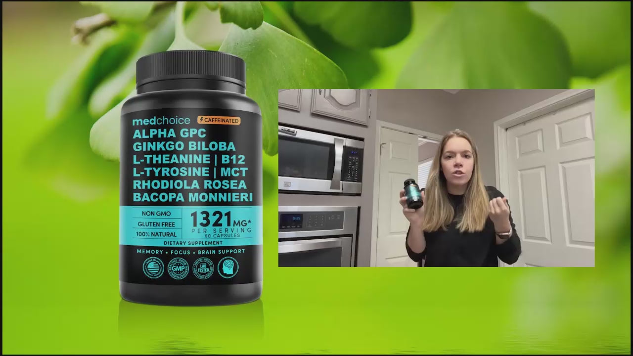12-in-1 Nootropic Brain Supplement with Caffeine Anhydrous: Ginkgo Biloba for Brain Support, Memory and Focus - B12, Alpha GPC, L Theanine and Choline Supplements with Bioperine with 1321mg