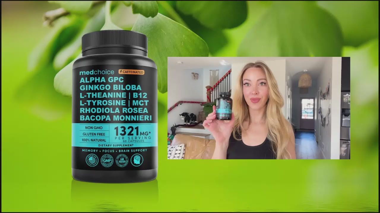 12-in-1 Nootropic Brain Supplement with Caffeine Anhydrous: Ginkgo Biloba for Brain Support, Memory and Focus - B12, Alpha GPC, L Theanine and Choline Supplements with Bioperine with 1321mg